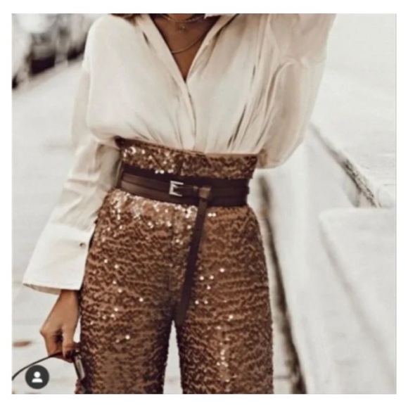 Zara women NWT long light brown/tan sequin pants. Ref: 7901/265 size: medium - Picture 5 of 7
